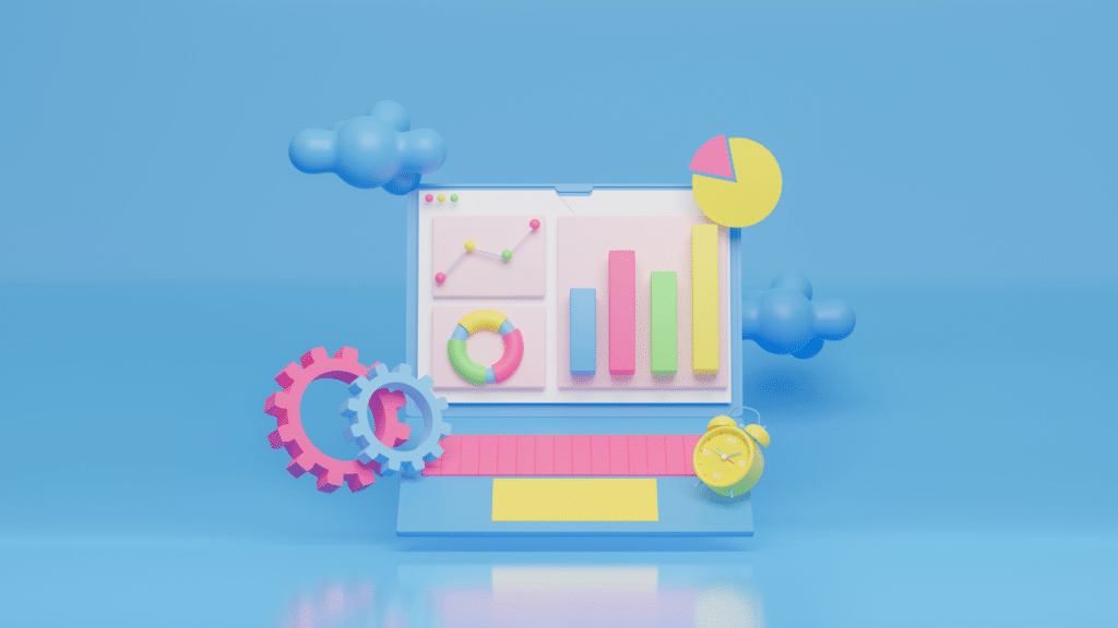 3d laptop showing graphs and scales with gears and small clouds and an alarm